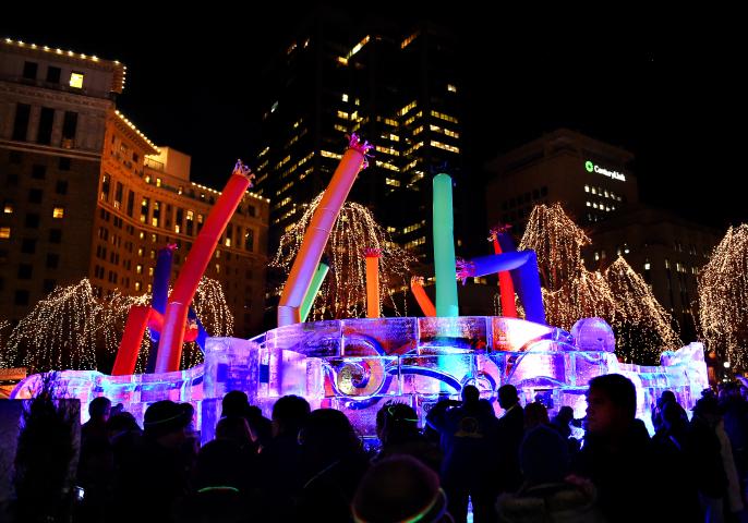 A mini ice palace rises around the fountain in Rice Park for the St. Paul Winter Carnival in St. Paul on Thursday, January 28, 2016. (Pioneer Press: John Autey)