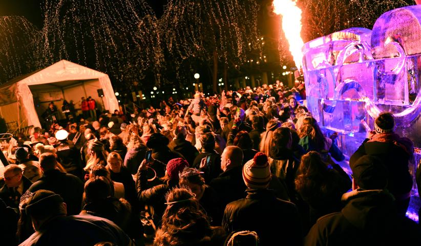 St. Paul Winter Carnival Moon Glow Parade marchers gathered in Rice Park to listen to live music and officially kick off the 2016 St. Paul Winter Carnival in St. Paul on Thursday, January 28, 2016. (Pioneer Press: John Autey)