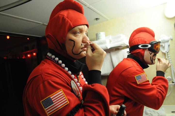 Grand Duke Fertilious, Trever Harwell, and Count of Ashes, Matt Fleming paint their faces before going out and about with the St. Paul Winter Carnival vulcans in St. Paul on Wednesday Jan. 28, 2015.  (Pioneer Press: Jean Pieri)