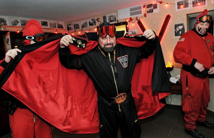 Vulcanus Rex, Steven Fischer gets his cape on before going out and about with his crew in St. Paul on Wednesday Jan. 28, 2015.  (Pioneer Press: Jean Pieri)