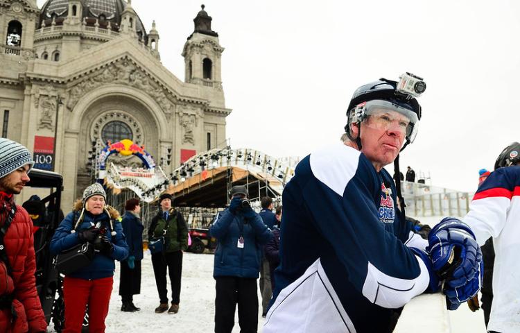 St. Paul Mayor Chris Coleman checks out the course before skating a section of the Crashed Ice course in St. Paul on Wednesday, Jan. 21, 2015. "this is absolutely stupid and crazy to do but a lot of said who skated the course with other city state legislators. could be some significant holes in leadership after test press" Ben Garvin (Pioneer Press).