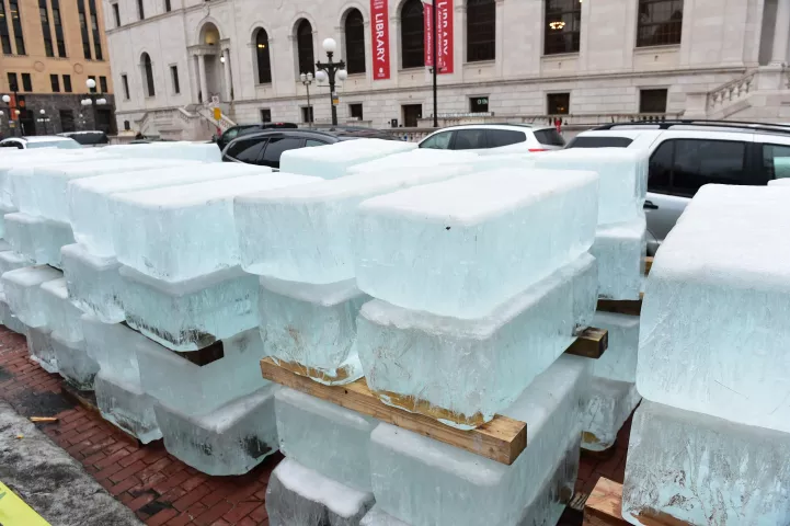 Blocks of ice fill the street in front of the downtown public library, where the Winter Carnival Ice Castle is under construction. (Pioneer Press: Scott Takushi)