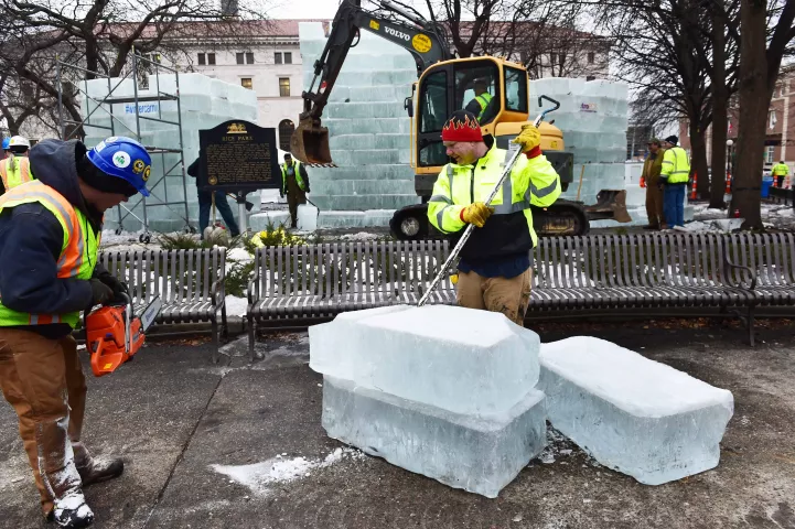 The Winter Carnival Ice Castle is under construction by Bricklayers Local 1 in St. Paul's Rice Park. (Pioneer Press: Scott Takushi)