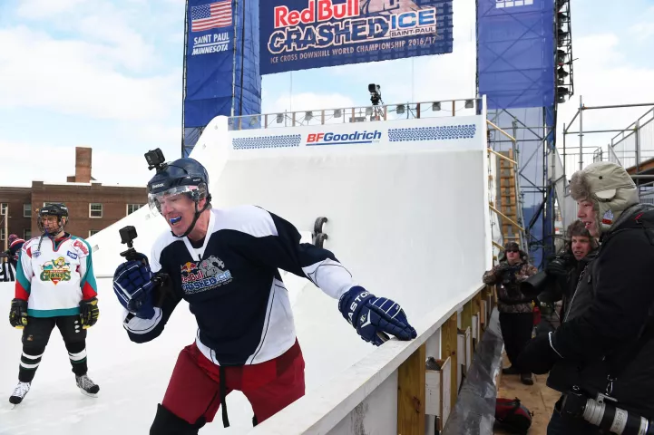St. Paul mayor Chris Coleman films a video of himself as he tries out his skating abilities on the Red Bull Crashed Ice course in St. Paul on Thursday, Feb. 2, 2017. The 340-meter long course drops 35 vertical meters. (Pioneer Press: Scott Takushi)
