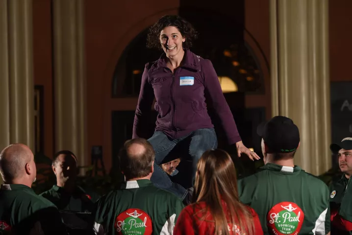 Jessica Larson of St. Paul gets ready to bounce as the St. Paul Bouncing Team held their tryouts at Landmark Center in St. Paul, Friday, Feb. 3, 2017. (Pioneer Press: Scott Takushi)