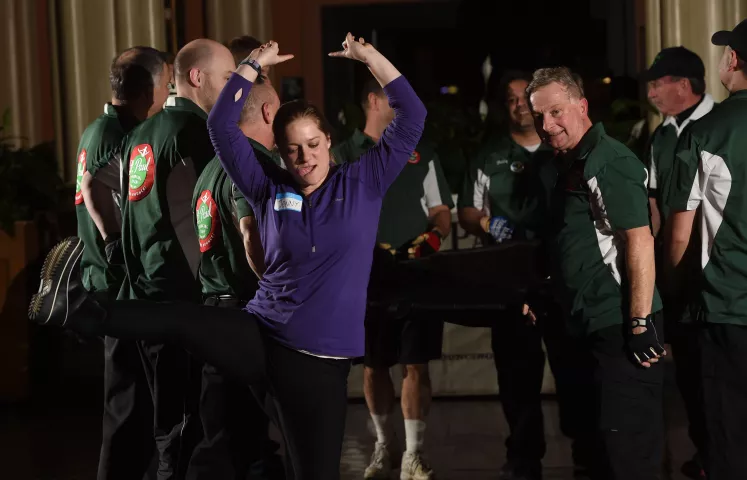 An exuberant Jenny Regnier of St. Paul celebrates as she dismounts from a bounce as the St. Paul Bouncing Team held their tryouts at Landmark Center in St. Paul, Friday, Feb. 3, 2017. (Pioneer Press: Scott Takushi)