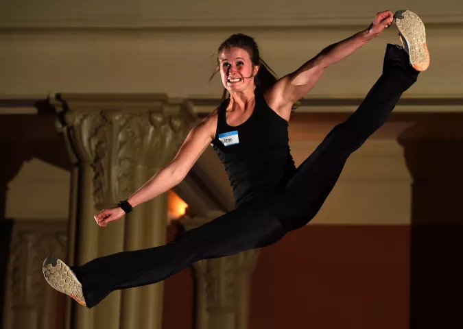Jane Bieniek gives it all she's got as the St. Paul Bouncing Team held their tryouts at Landmark Center in St. Paul, Friday, Feb. 3, 2017. (Pioneer Press: Scott Takushi)