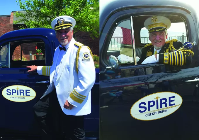 Dan Stoltz as Aquatennial Commodore, left, and Winter Carnival King Boreas, right. (Courtesy Spire Credit Union)