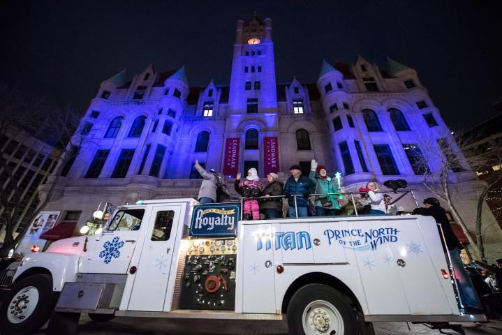 The truck carrying Titan, Prince of the North-Wind and friends drives past the Landmark Center during the Winter Carnival Vulcan Victory Torchlight Parade in downtown St. Paul on Saturday, Feb. 4, 2017. (Pioneer Press: Andy Rathbun)
