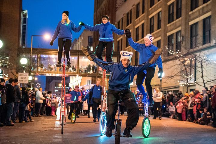 Unicyclists put on a show during the Winter Carnival Vulcan Victory Torchlight Parade in downtown St. Paul on Saturday, Feb. 4, 2017. (Pioneer Press: Andy Rathbun)