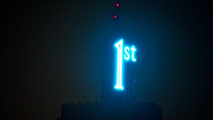 The landmark sign of the First National Bank building in St. Paul, Minn., flashes blue, in honor of the Winter Carnival Monday, Jan. 30, 2017. It was the first time the sign, which was recently upgraded, has shone a color other than red. (Pioneer Press: Dave Orrick)