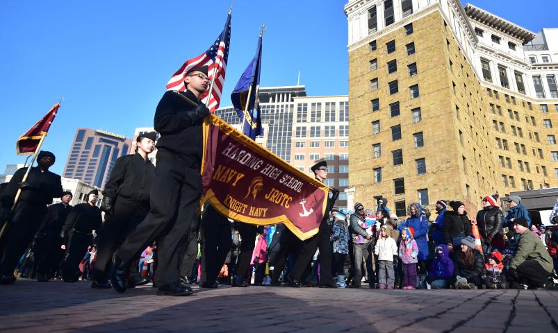 The Harding High School Navy JROTC march along Market Street in front of the St. Paul Hotel. (John Autey / Pioneer Press)