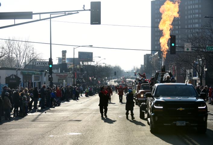 The 2018 St. Paul Winter Carnival Grand Day Parade makes its way down Seventh Street toward downtown in St. Paul. (John Autey / Pioneer Press)