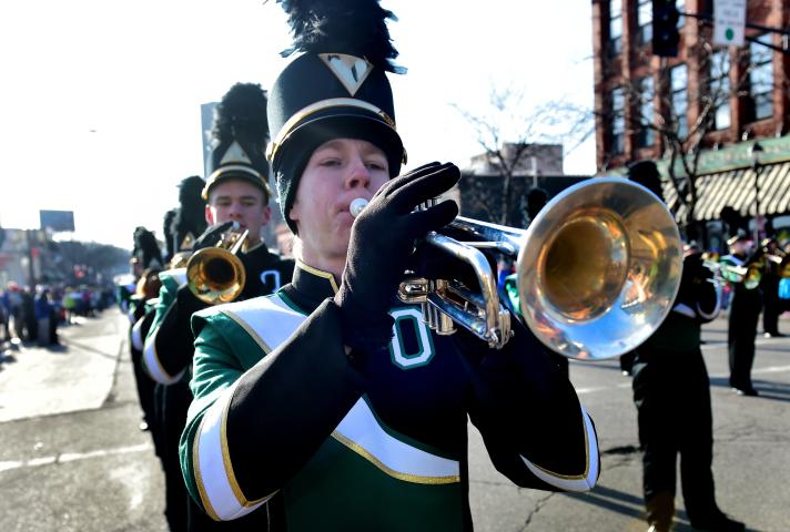 A trumpeter with the Osceola High School Marching Band performs. (John Autey / Pioneer Press)