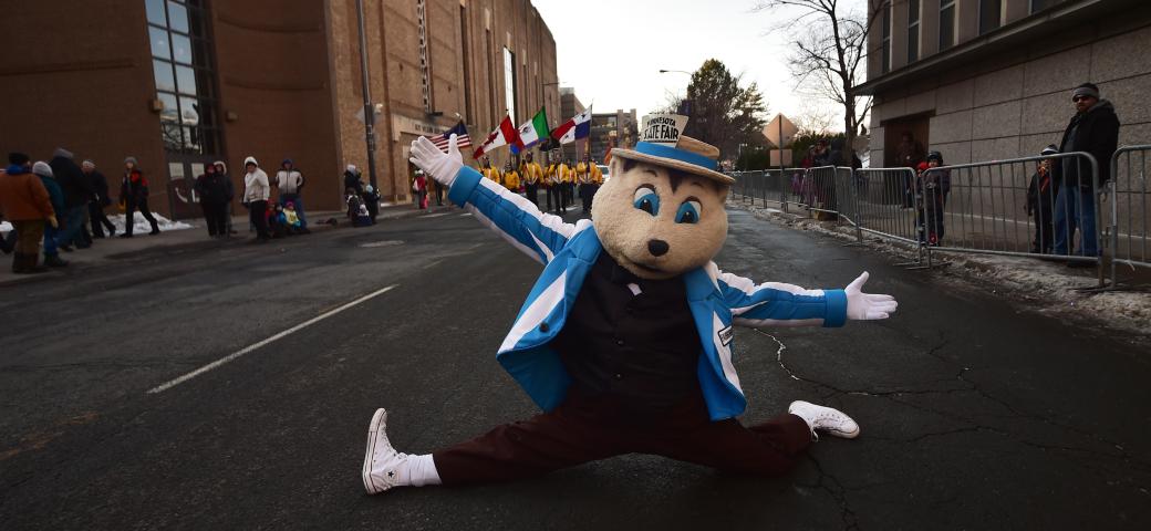 Fairchild, the Minnesota State Fair mascot, performs for the crowd. (John Autey / Pioneer Press)