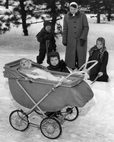 Mrs. Edward Bibro bundled up her children and walked two miles to Como Park to participate in the 1955 hunt for the King Boreas treasure chest. Three-year-old Michael watches over his 8-month-old brother, Gregory, while Steven, 5, and Valerie, 8, help their mother search. (Pioneer Press file photo)