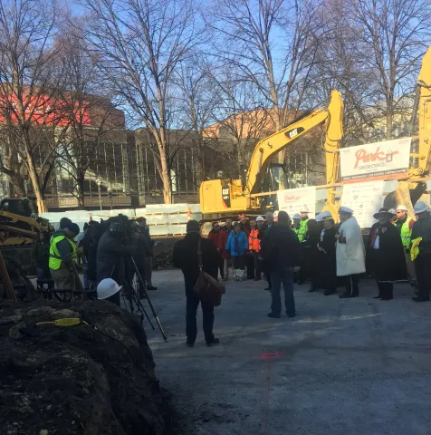 Media and St. Paul Winter Carnival dignitaries gather Tuesday, Jan. 9, 2018, in Rice Park for a ceremonial groundbreaking where the Winter Carnival Ice Palace will begin rising. (Kathy Berdan / Pioneer Press)