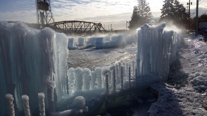 Work continues on Thursday, Dec. 7. 2017 after crews began building an ice castle in downtown Stillwater this week. (Courtesy of Ice Castles LLC)