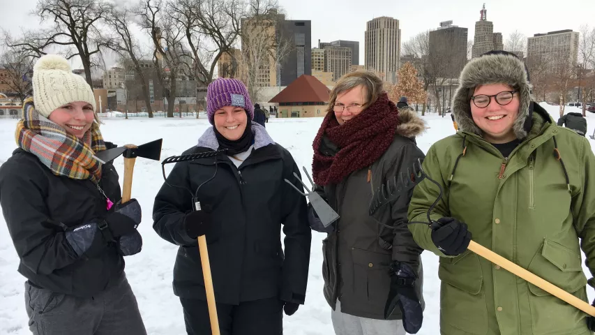 Caley Kelly, 22, left, is the expert clue noodler of her family — “our secret weapon,” said her mom, Doreen Kelly, second from right, during the Pioneer Press Treasure Hunt on Tuesday, Jan. 30, 2017. Also at Harriet Island Regional Park on Tuesday were Doreen Kelly’s daughters Kelsey, 25, and Danielle, 20. (Lisa Legge / Pioneer Press)