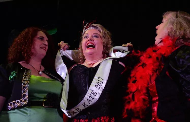 Kristen Oster, center, of West St. Paul is named the 2017 Klondike Kate during at the Envision Event Center in Oakdale on Wednesday, Jan 11, 2017. Left is candidate Rachel Orzoff of Bloomington, MN and right is Sheryl Willams of Welch, MN. Oster and the Klondike Kate Cabarets will be part of this year's 131st Saint Paul Winter Carnival, a tradition sicne 1886 also known as the "Coolest Celebration on Earth." The winter carnival begins January 26, 2017. (Pioneer Press, John Autey)