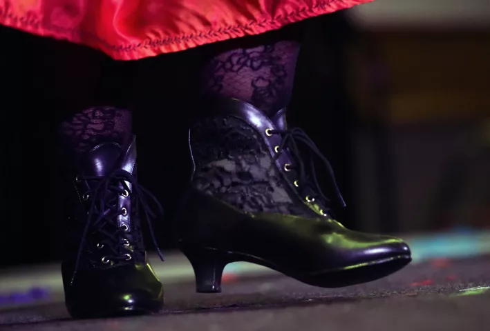 Candidate Sheryl Williams, from Welch, sport what old fashion shoes as she performs during the 2017 Klondike Kate Contest at the Envision Event Center in Oakdale on Wednesday, Jan 11, 2017. (Pioneer Press: John Autey)