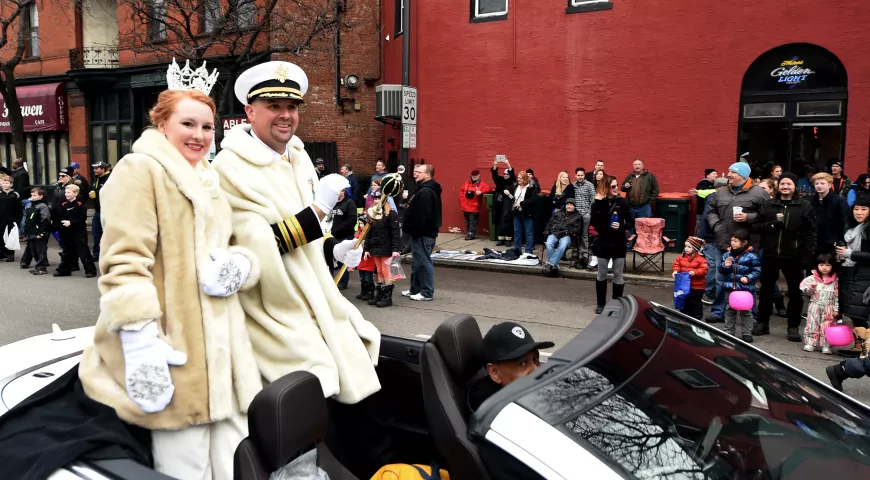 Aurora, Queen of the Snows, Alyssa Sigafus and King Boreas LXXX, Jim Flaherty make their way along West 7th in the St. Paul Winter Carnival Grande Day Parade in St. Paul on Jan. 30, 2016. (Pioneer Press: John Autey)
