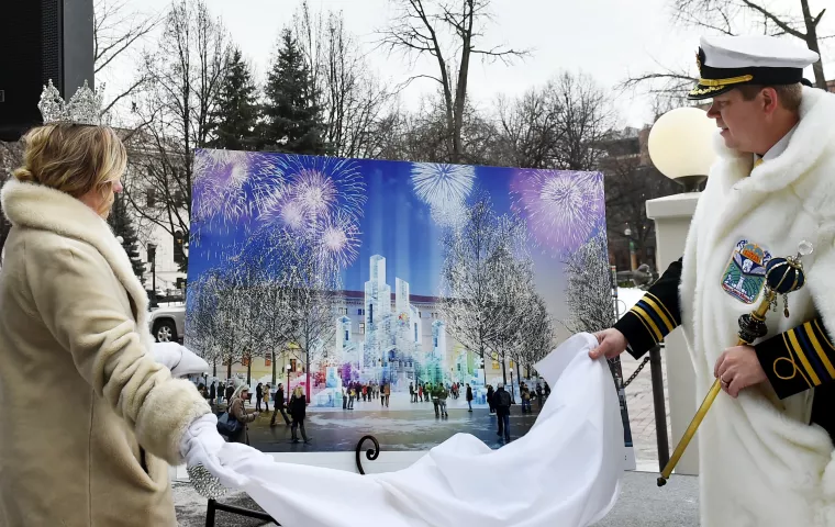 St. Paul Winter Carnival royalty Lindsay Jo Sandoval, Aurora Queen of Snows, left, and Jason Bradshaw, King Boreas, reveal an image of the 2018 St. Paul Winter Carnival Ice Palace during a news conference at the St. Paul Hotel in downtown St. Paul on Thursday, Dec. 21, 2017. The ice palace will be built in St. Paul's Rice Park as part of the 2018 St. Paul Winter Carnival. The palace will be part of an extended St. Paul Winter Carnival to be held Jan. 25 - Feb. 10, 2018 to connect with Super Bowl activities.