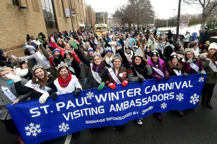 Dozens of visiting queens and princesses strike a pose during the St. Paul Winter Carnival Grande Day Parade in St. Paul on Jan. 30. (Pioneer Press: John Autey)