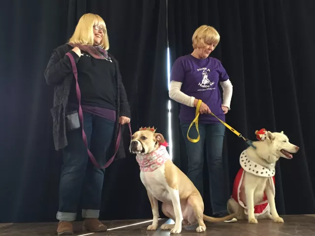 Emily Schmall of Falcon Heights and Dory, left and Donna Mankowski of Prior Lake and Revere, right, celebrate after the dogs were crowned Canine-Queen and Canine-King of Doggie Depot on Saturday, Feb. 4, 2017. (Pioneer Press: Will Ashenmacher)
