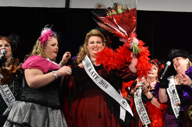 Natalia Hemingway waves to supporters as she celebrates being selected as the 2018 Klondike Kate Contest at the Envision Event Center in Oakdale on Wednesday, Jan. 10, 2018. (Pioneer Press / John Autey)