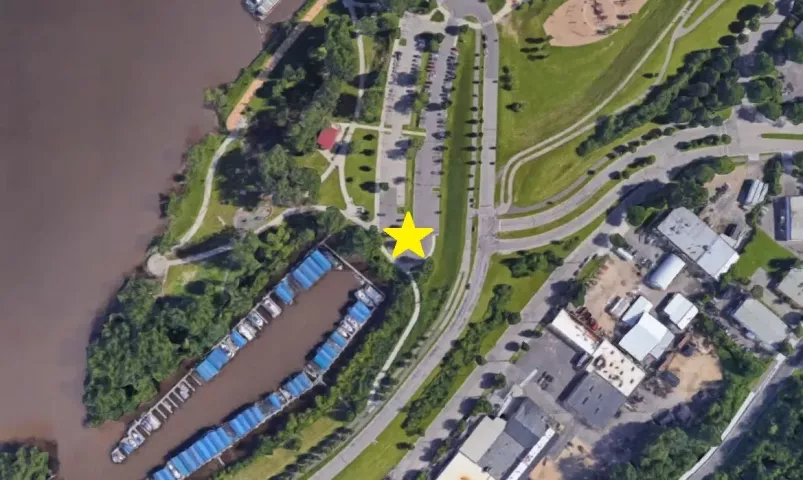 A yellow star on this Google Maps satellite image marks where the 2018 Pioneer Press Treasure Hunt Medallion was found in Harriet Island Regional Park in St. Paul.