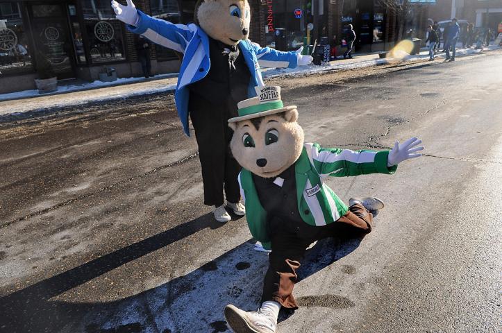 Gopher mascots from the Minnesota State Fair dance around at the Winter Carnival Grande Day Parade in St. Paul, Saturday January 25, 2014. (Pioneer Press: Jean Pieri)