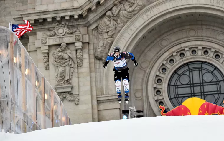 Minnesotan Dan Witty leaps the first big drop on the course during a Red Bull Crashed Ice practice session at the Cathedral of St. Paul in St. Paul on Friday, Jan. 19, 2018. 64 men and 16 women from around the world are competing for the chance to be crowned 2018 Ice Cross Downhill Champion. (John Autey / Pioneer Press)
