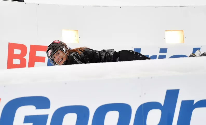 Rachel Kelly smiles after slipping out on the first turn of the course during a Red Bull Crashed Ice practice session at the Cathedral of St. Paul in St. Paul on Friday, Jan. 19, 2018. Competition begins Friday night and concludes Saturday night. (John Autey / Pioneer Press)