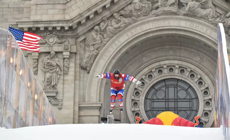 Alex Mercier from Canada hits the first jump of the course during a Red Bull Crashed Ice practice session at the Cathedral of St. Paul in St. Paul on Friday, Jan. 19, 2018. (John Autey / Pioneer Press)