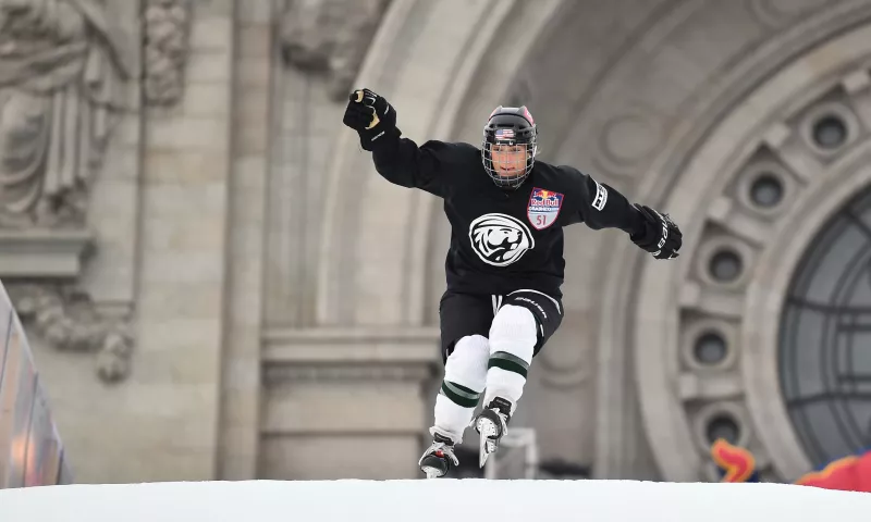 Rachael Kelly clears the first jump of the course during a Red Bull Crashed Ice practice session at the Cathedral of St. Paul in St. Paul on Friday, Jan. 19, 2018. (John Autey / Pioneer Press)