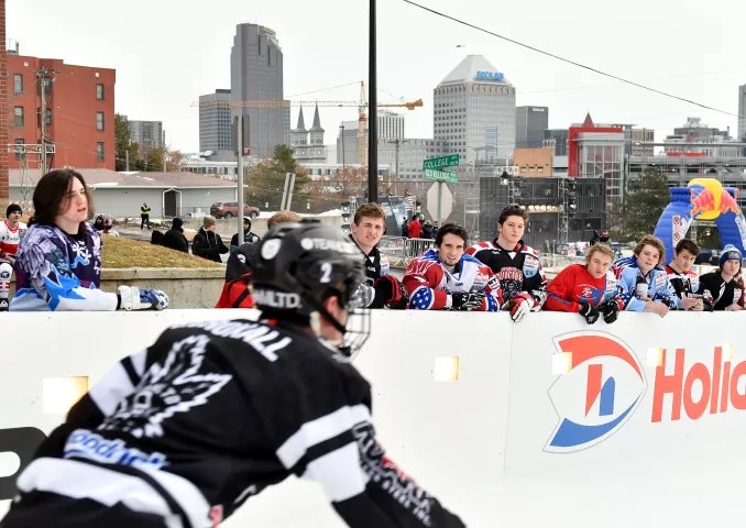 A group of junior racers cheer on fellow racers on the course during a Red Bull Crashed Ice practice session at the Cathedral of St. Paul in St. Paul on Friday, Jan. 19, 2018. (John Autey / Pioneer Press)