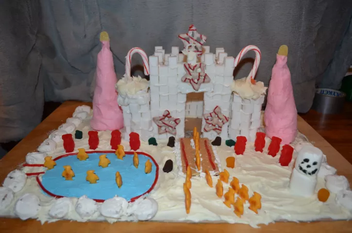 Rosaria Valles, who is turning 9 on Super Bowl Sunday, drew the most viewers' votes withe her sugar cube-and-candy cane castle and skating cheddar penguins.