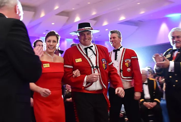 Steve Doody, Notos, Prince of the South Wind, and his wife Maggie are introduced at the St. Paul Winter Carnival Royal Coronation at the RiverCentre in St. Paul on Friday, Jan. 26, 2018. (Pioneer Press / John Autey)