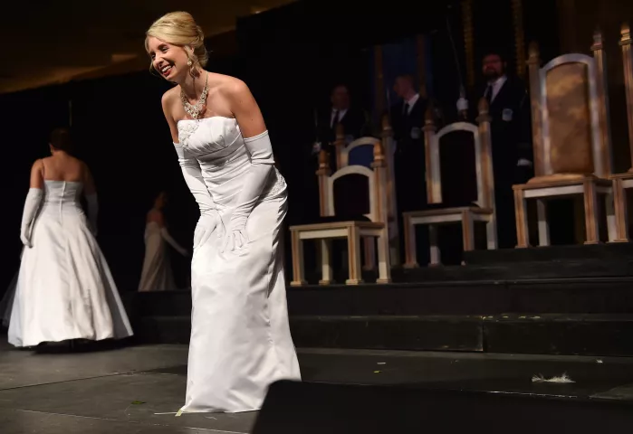 Elizabeth Mark gives a bow after being announced as the 2018 North Wind Princess at the St. Paul Winter Carnival Royal Coronation at the RiverCentre in St. Paul on Friday, Jan. 26, 2018. (Pioneer Press / John Autey)