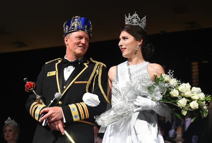 Tom Leonard, Boreas LXXXII, and Jilla Nadimi, Aurora, Queen of Snows, after being crowned at the St. Paul Winter Carnival Royal Coronation at the RiverCentre in St. Paul on Friday, Jan. 26, 2018. (Pioneer Press / John Autey)