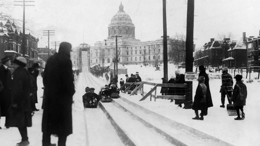 St. Paul Winter Carnival festivities included a giant toboggan slide near the Capitol. (Photo courtesy TPT)