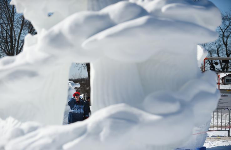 Sally Strand from Plymouth takes a picture of a snow sculpture at the Vulcan Snow Park at the Minnesota State Fair in Falcon Heights on Sunday, Feb, 11, 2018. "I like art and this kind of thing fascinates me," said Strand. (John Autey / Pioneer Press)