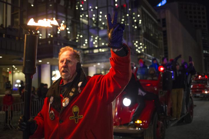 Vulcans march toward the St. Paul Library to overthrow King Boreas during the Vulcan Victory Torchlight Parade Saturday, Feb. 10, 2018, in downtown St. Paul. (Liam James Doyle / Special to the Pioneer Press)