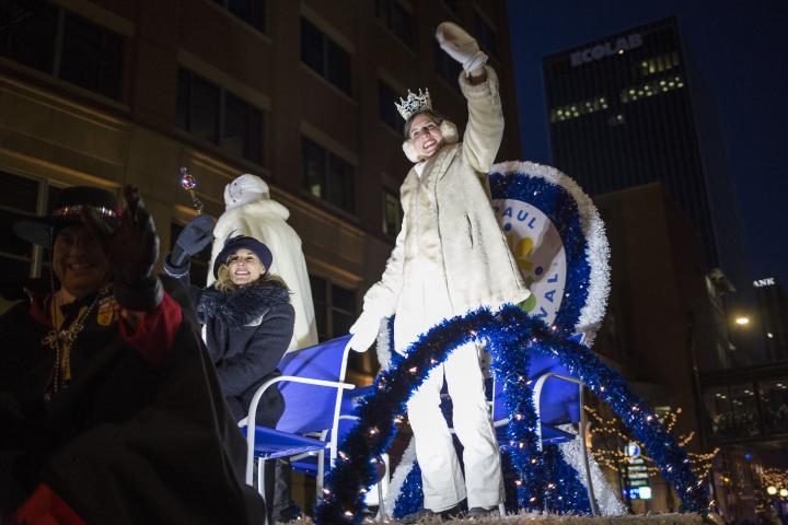 Aurora, Queen of the Snows, waves from her float. (Liam James Doyle / Special to the Pioneer Press)