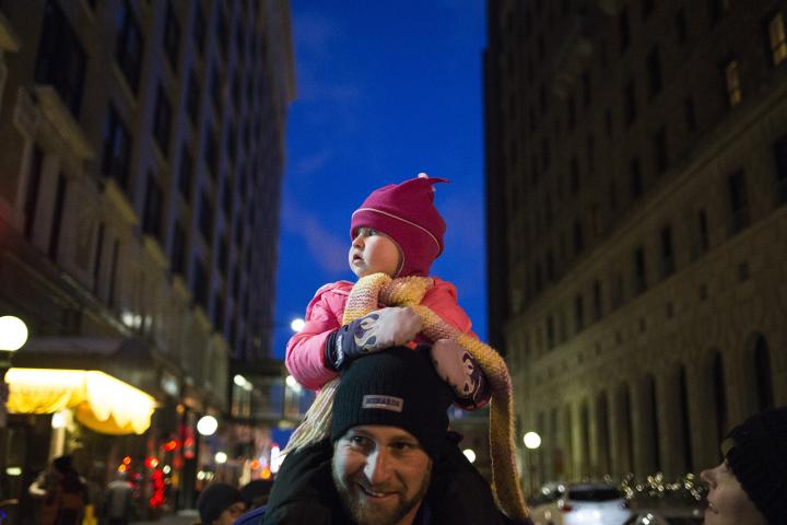 Joel Reed of Osakis holds his daughter Olivia, age 2, on his shoulders. (Liam James Doyle / Special to the Pioneer Press)