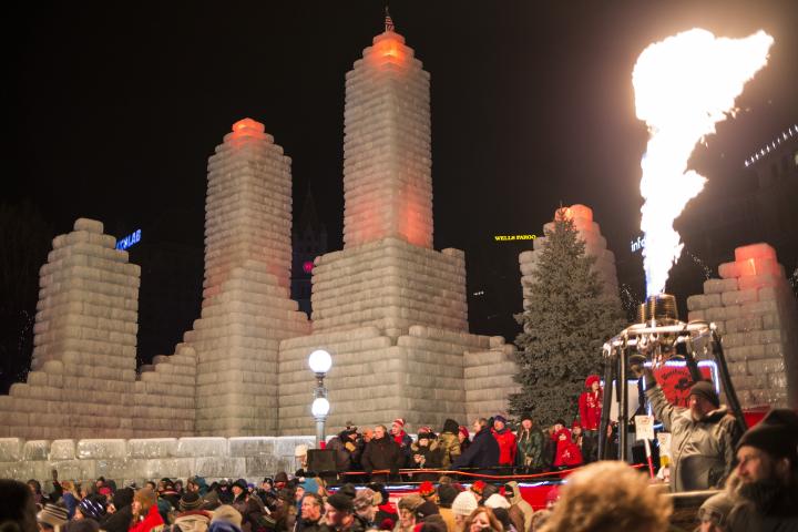 The ice palace in Rice Park glows red after the Vulcans overthrow King Boreas. (Liam James Doyle / Special to the Pioneer Press)