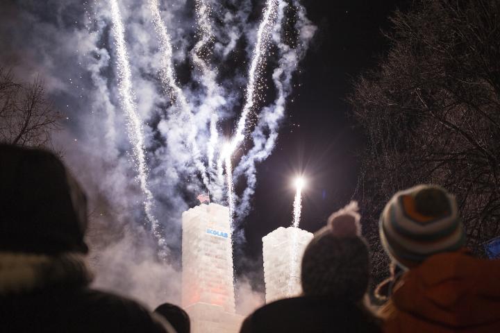 A fireworks display in Rice Park concludes the Vulcan Victory Torchlight Parade. (Liam James Doyle / Special to the Pioneer Press)