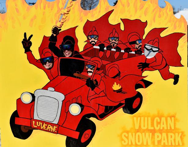 Jennifer Doherty, of Rosemount, and JoAnne Gibbs (as Vulcanus Rex), of Spring Lake Park, pose as Vulcans at the Vulcan Snow Park at the Minnesota State Fair in Falcon Heights on Sunday, Feb, 11, 2018. "We were kinda bored," Doherty said. So the two decided to head to the snow park and play. (John Autey / Pioneer Press)
