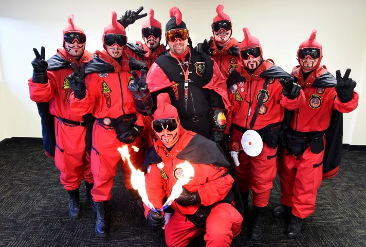 The 2107 St. Paul Winter Carnival Vulcan Krewe includes, Greg Needham, General Flameous front; and from left at rear: Mike Schmidt, Count Embrious; Shawn Meyer, Grand Duke Fertilious; Joshua Pelton, Count of Ashes; David Breen, Vulcanus Rex; Rennie Smith, Prince of Soot; Chris Stengel, Baron Hot Sparkus; Brent Rosand, Duke of Klinker. (Pioneer Press: Jean Pieri)